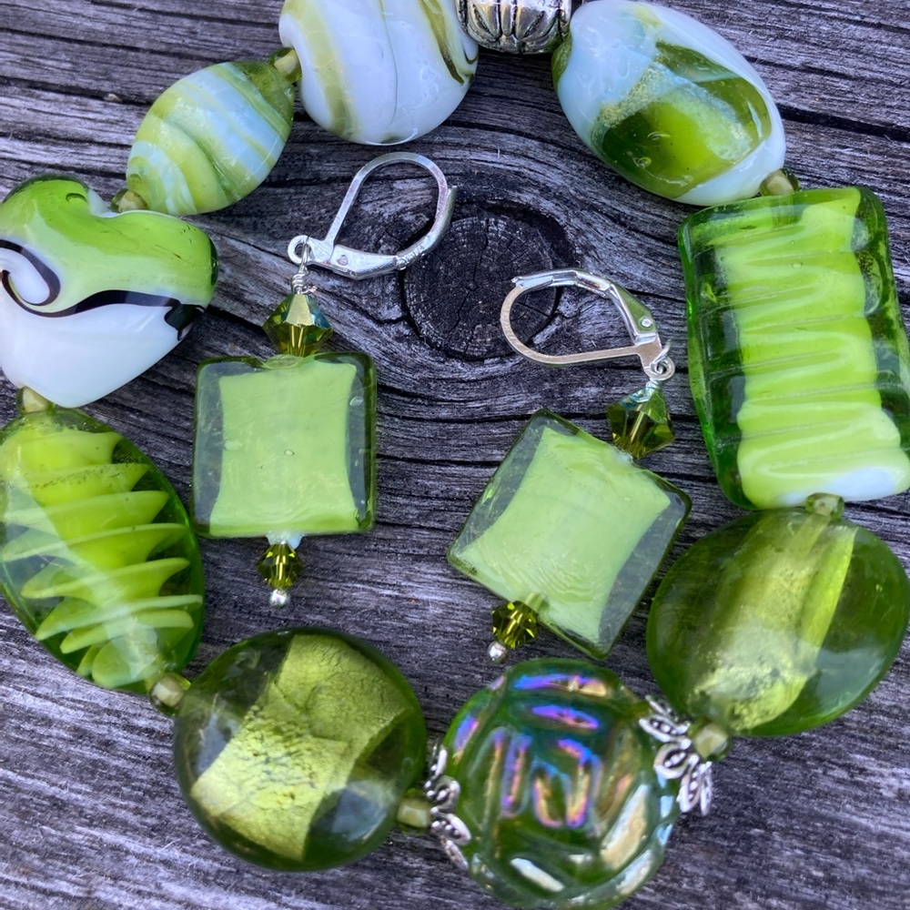NWT Lampwork Glass Stretch & Czech Faceted Glass Beads Elastic Bracelet Earrin…